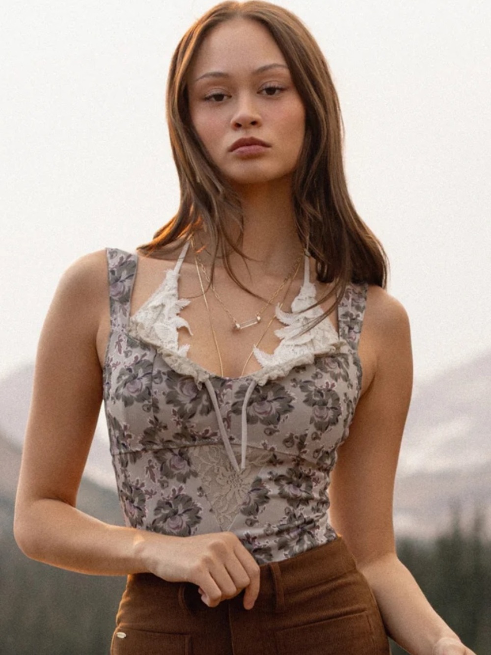 Joyfolie Taupe Floral Lace-Trim Bodysuit